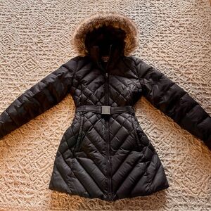 Eddie Bauer Black Quilted Hooded Puffer Coat with Faux Fur Trim